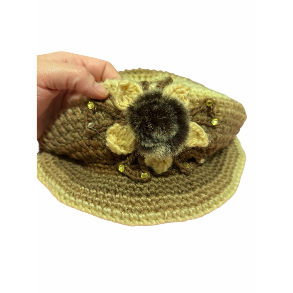 Women's Brown Cream Crocheted Flower Embellish Faux Far Circle Hat - Picture 5 of 6
